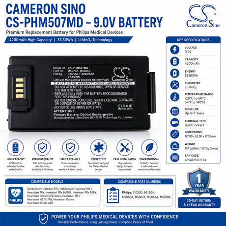 Philips M5070A Replacement Battery 9V 4200mAh Li-MnO2 AED Medical Cameron Sino Technology Limited (Medical)