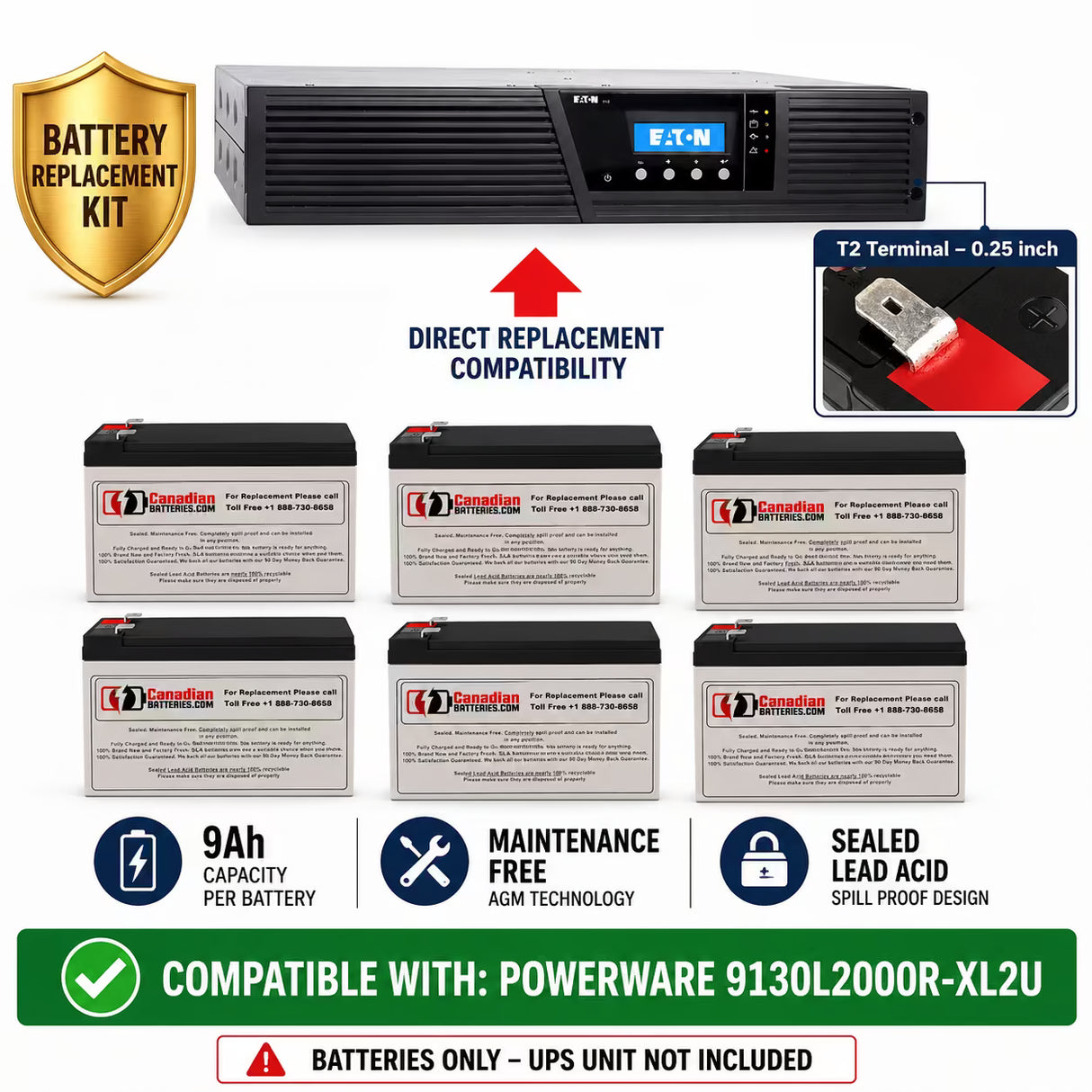 Powerware 9130L2000R-XL2U UPS Battery Kit 12V 9Ah AGM 6 Pack UPS Batteries CB Range
