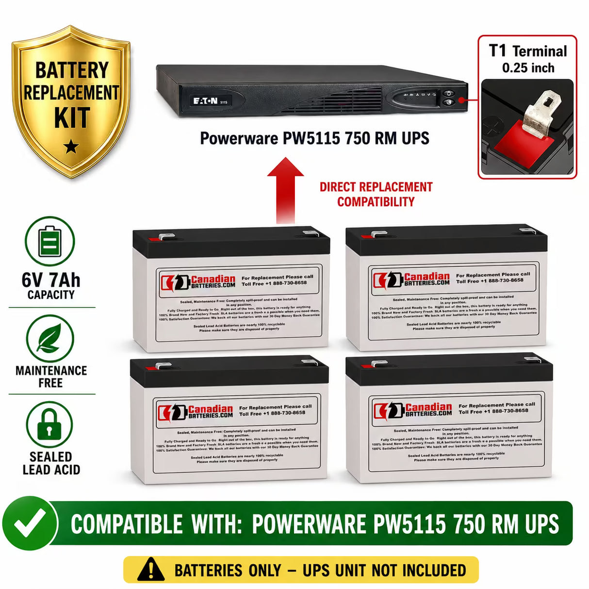 Powerware PW5115 750 RM Replacement Battery Kit 6V 7Ah 4 Pack UPS Batteries CB Range