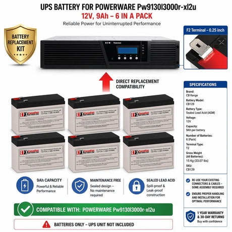 Batteries For Powerware Pw9130l3000r-xl2u UPS, 6 X 12v, 9ah - 108wh UPS Batteries CB Range