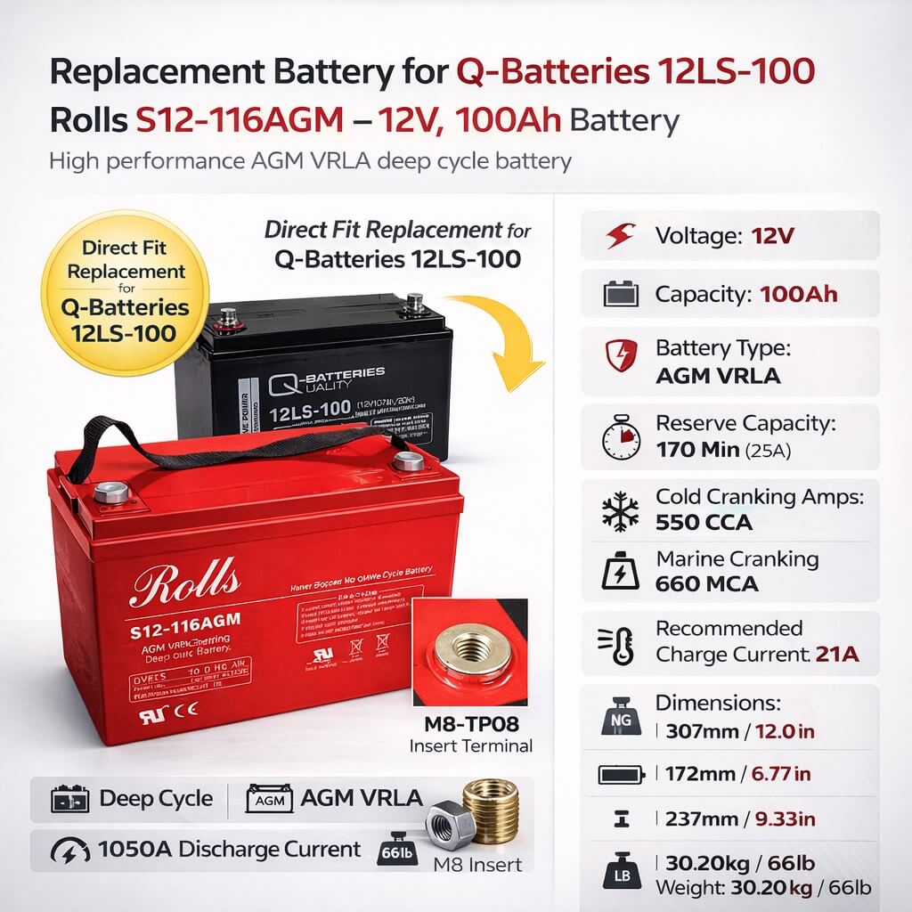 Replacement battery for Q-batteries 12ls-100 with M8 Insert terminals 12V, 100Ah Sealed Lead Acid (Special) Rolls Battery Engineering