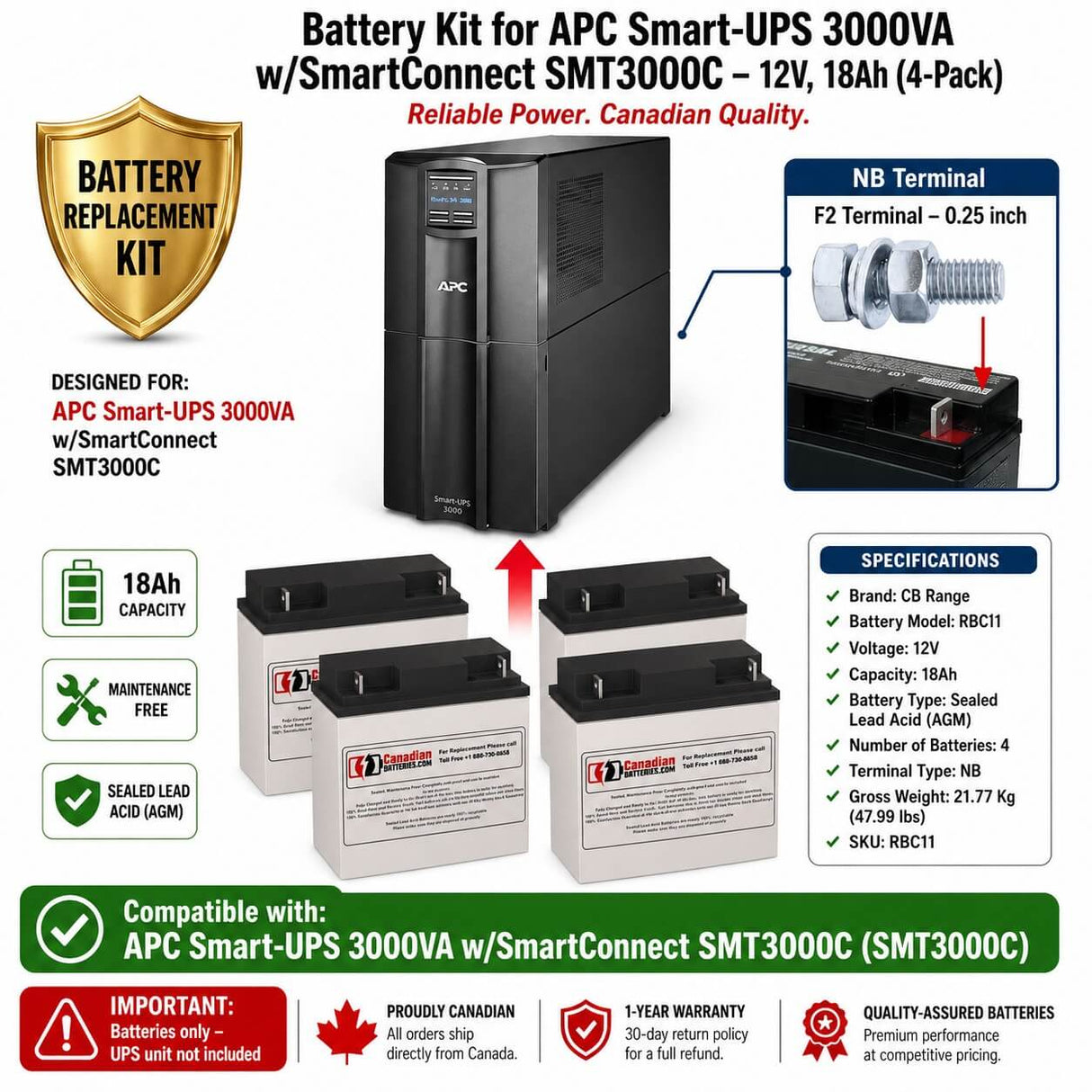 APC Smart-UPS 3000VA w/SmartConnect SMT3000C UPS Battery, 4 x 12V 18Ah UPS Batteries CB Range