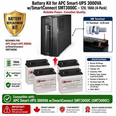 APC Smart-UPS 3000VA w/SmartConnect SMT3000C UPS Battery, 4 x 12V 18Ah UPS Batteries CB Range