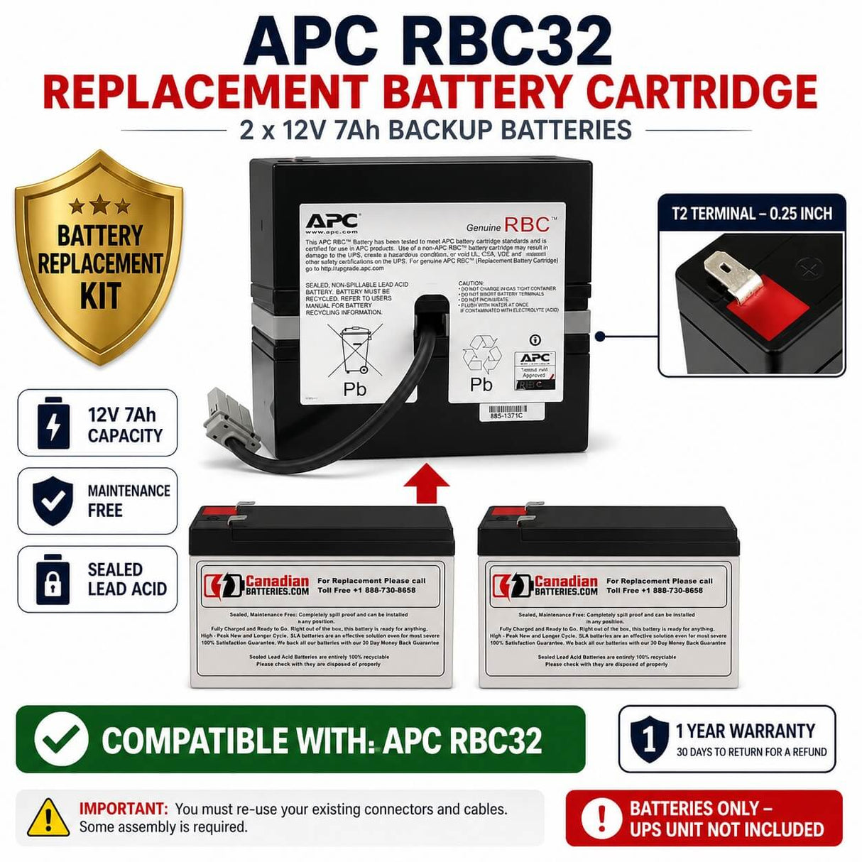 Apc Rbc32 Replacement Battery Cartridge 2 X 12v 7ah Backup Batteries UPS Batteries CB Range