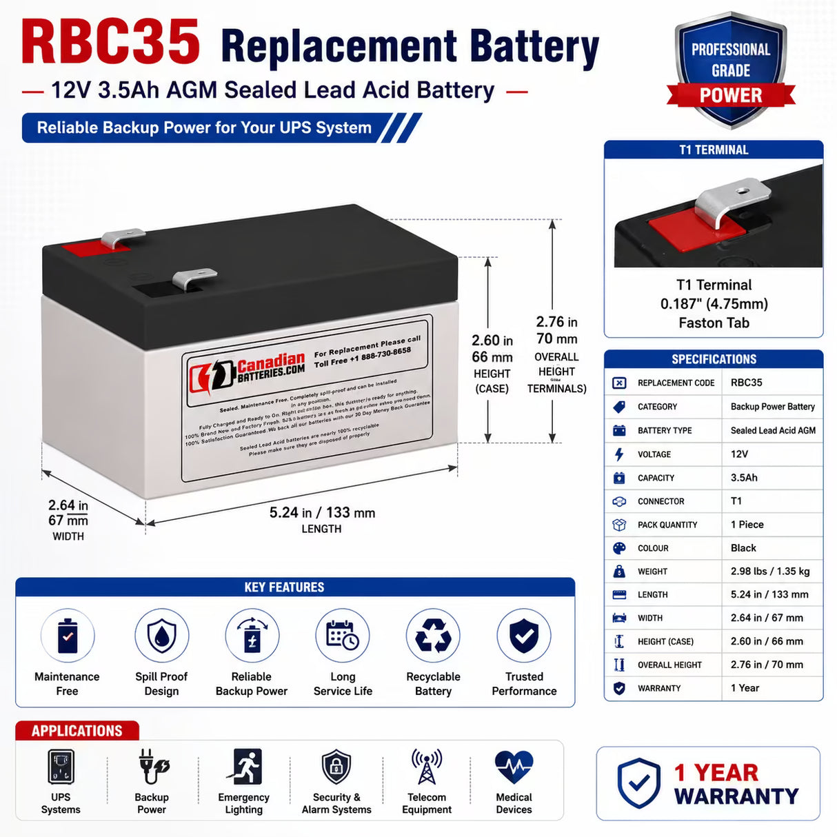 Be350g, Be350g-cn Apc Back UPS Es Battery 12v 3.5Ah F1 Terminals