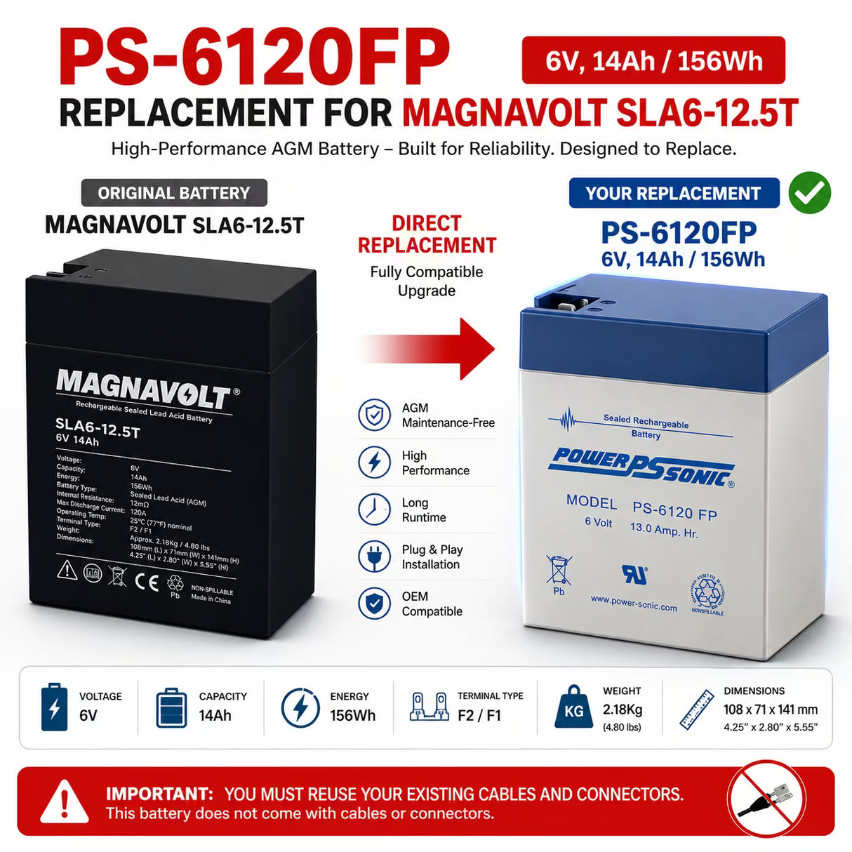 6V, 14Ah, replacement battery for Magnavolt Sla6-12.5t with F2 / F1 terminals Sealed Lead Acid (Special) CB Generic