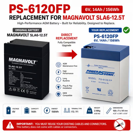 6V, 14Ah, replacement battery for Magnavolt Sla6-12.5t with F2 / F1 terminals Sealed Lead Acid (Special) CB Generic