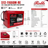 Rolls S12-116AGM-RE 12V 105Ah Group 27, AGM Deep Cycle Battery Sealed Lead Acid (Special) Rolls Battery Engineering