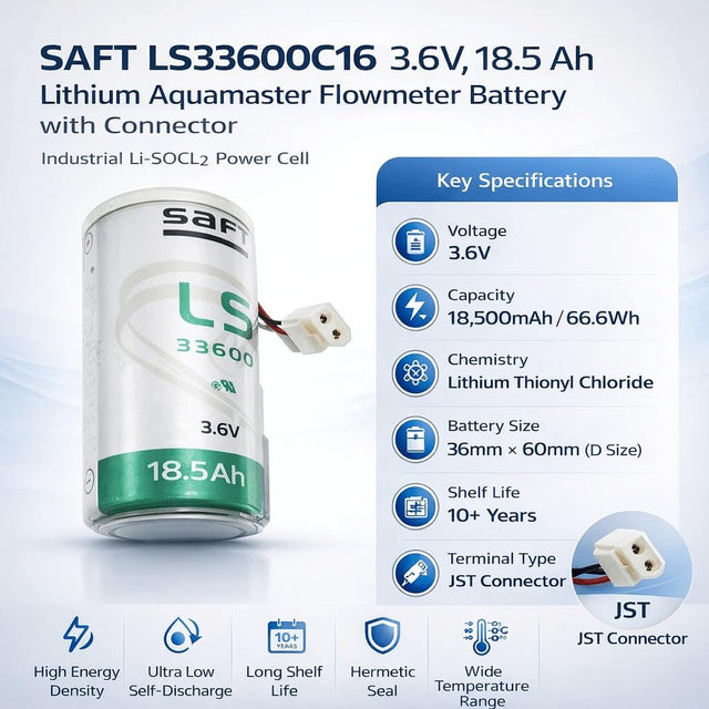 SAFT LS33600C16 3.6V 18.5Ah Lithium Aquamaster Flowmeter Battery with Connector Other Batteries BB Generic