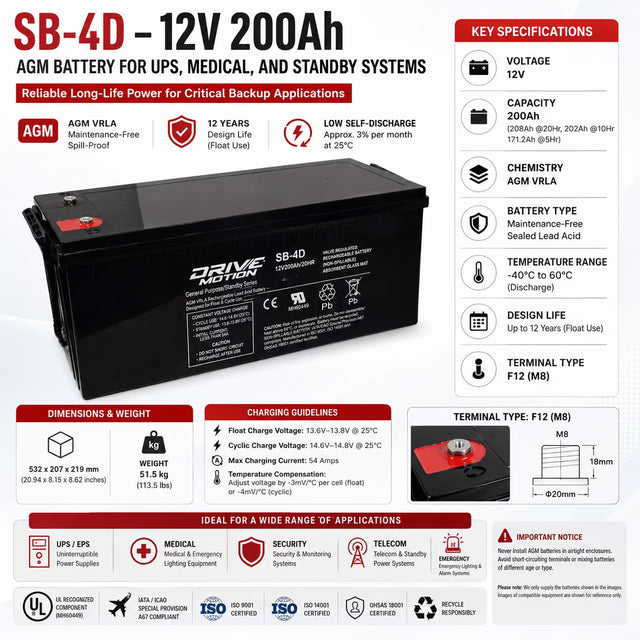 SB-4D 12V 208Ah AGM Battery | Long Life Standby UPS Power Sealed Lead Acid (Special) Drivemotion