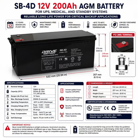 SB-4D 12V 208Ah AGM Battery | Long Life Standby UPS Power Sealed Lead Acid (Special) Drivemotion