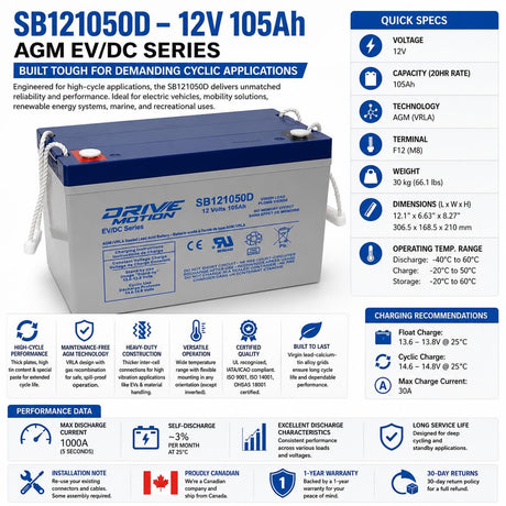 SB121050D Battery – 12V 105Ah AGM Deep Cycle EV/DC Series Battery Sealed Lead Acid DriveMotion