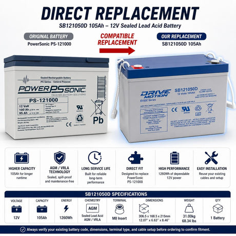 SB121050D 12V 105Ah AGM Battery Replacement for PowerSonic PS-121000 Sealed Lead Acid DriveMotion
