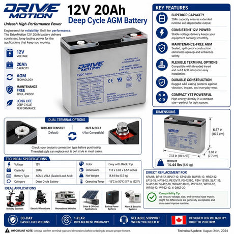 6-dzm-20 12 Volt 20 Ah Deep Cycle Scooter Battery Threaded Sealed Lead Acid DriveMotion