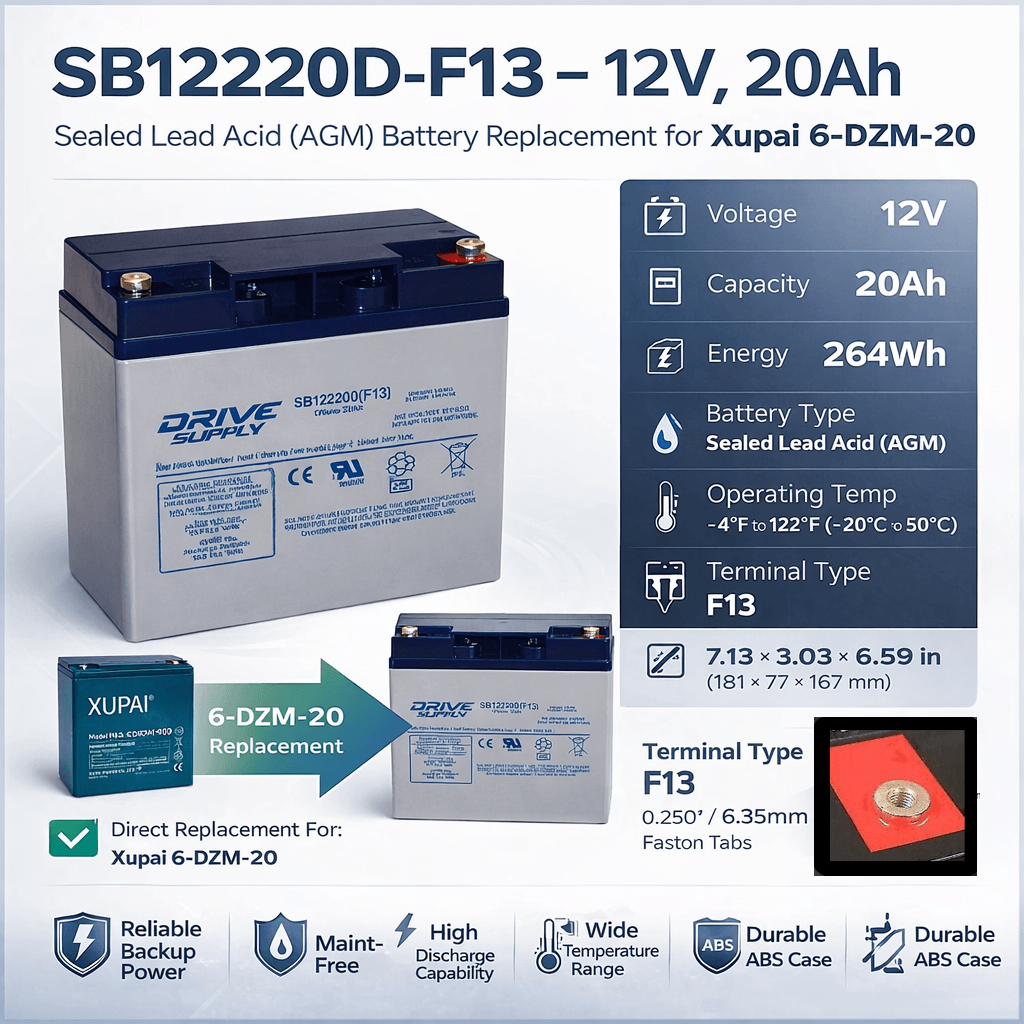 12V, 20Ah, replacement battery for Xupai 6-dzf-20 with F13 terminals Sealed Lead Acid CB Generic
