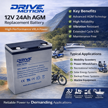 12 Volt 24 Ah 6-dzm-20 Deep Cycle Scooter Battery Threaded Sealed Lead Acid DriveMotion