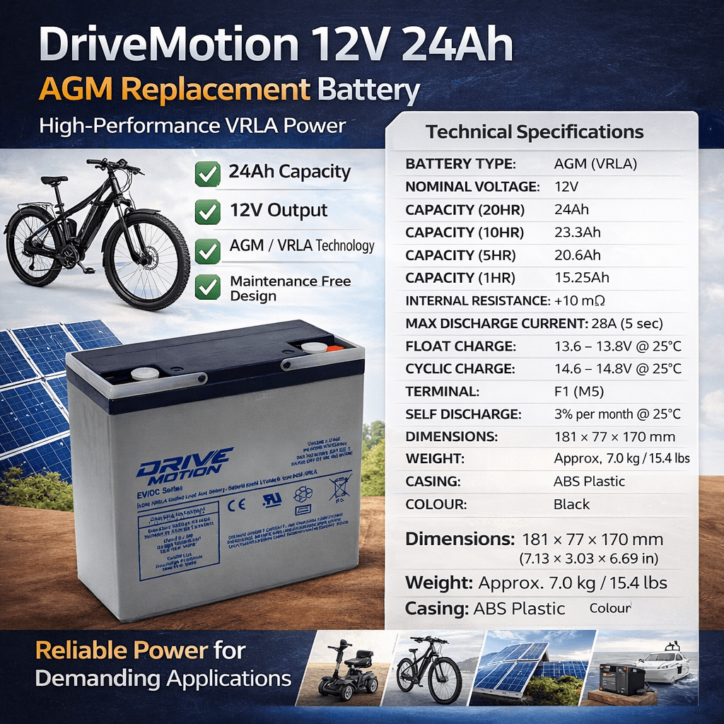 12 Volt 24 Ah 6-dzm-20 Deep Cycle Scooter Battery Threaded Sealed Lead Acid DriveMotion