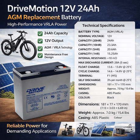12 Volt 24 Ah 6-dzm-20 Deep Cycle Scooter Battery Threaded Sealed Lead Acid DriveMotion