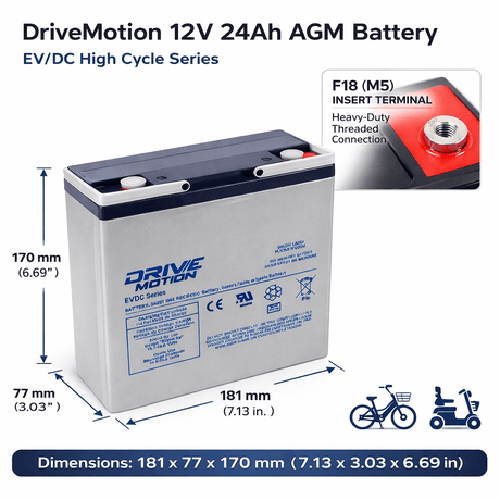 12 Volt 24 Ah 6-dzm-20 Deep Cycle Scooter Battery Threaded Sealed Lead Acid DriveMotion