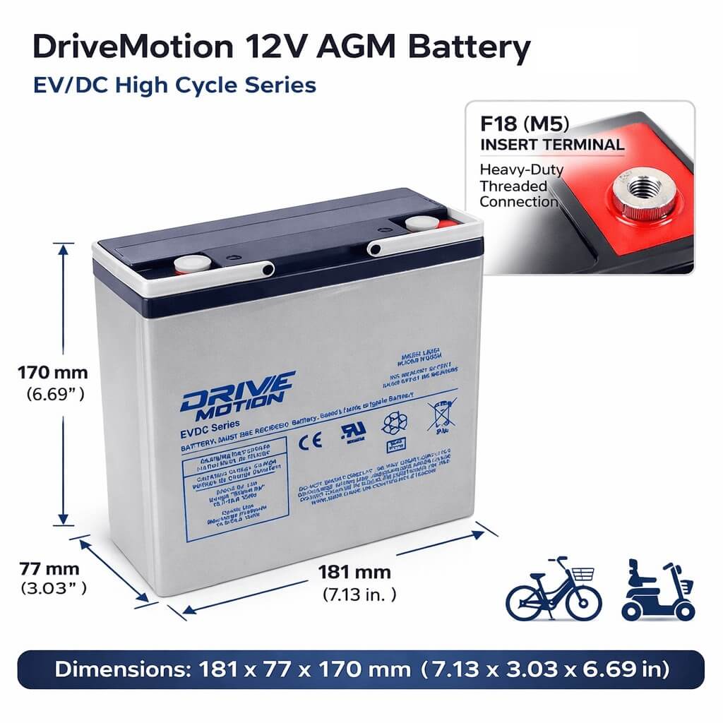 6-dzm-20 12 Volt 22 Ah Deep Cycle Scooter Battery Threaded Sealed Lead Acid DriveMotion