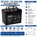 Drivemotion 12 Volt 33 Amp Hour Agm Battery Sealed Lead Acid DriveMotion Threaded Style with Insert and Bolt only