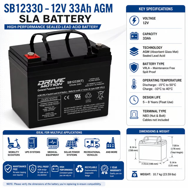 Drivemotion 12 Volt 33 Amp Hour Agm Battery Sealed Lead Acid DriveMotion Threaded Style with Insert and Bolt only