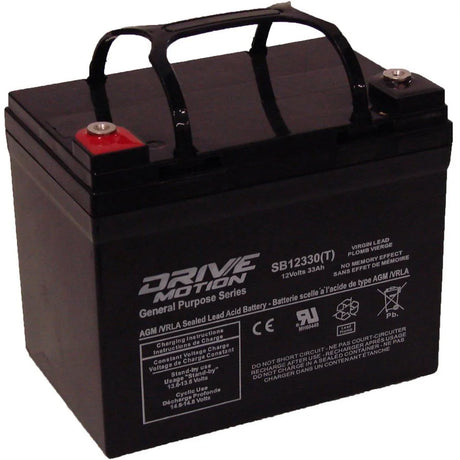 Drivemotion 12 Volt 33 Amp Hour Agm Battery Sealed Lead Acid DriveMotion Threaded Style with Insert and Bolt only