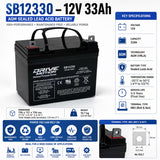 Drivemotion 12 Volt 33 Amp Hour Agm Battery Sealed Lead Acid DriveMotion Post Style with Nut & Bolt