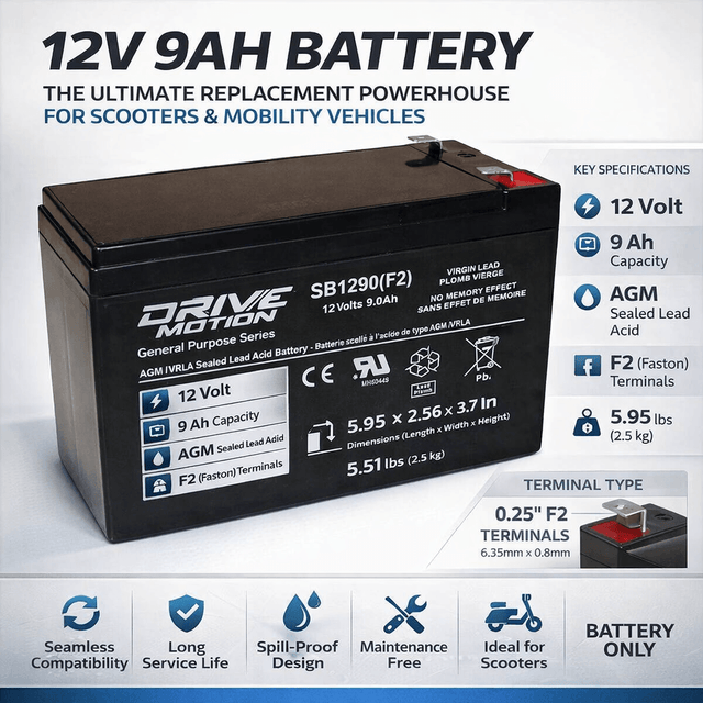 12V 9AH Battery – The Ultimate Replacement Powerhouse for Scooters and Mobility Vehicles Sealed Lead Acid DriveMotion