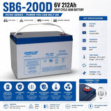 SB6-200D, 6V 200Ah, EV/DC Series, (Group 6V27) Deep Cycle Battery Sealed Lead Acid (Special) DriveMotion