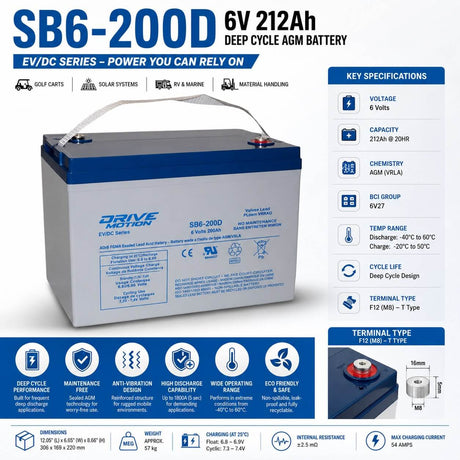 SB6-200D, 6V 200Ah, EV/DC Series, (Group 6V27) Deep Cycle Battery Sealed Lead Acid (Special) DriveMotion
