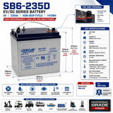 SB6-235D - 6V 235Ah, EV/DC Series, (Group GC2) Deep Cycle Battery Sealed Lead Acid (Special) DriveMotion