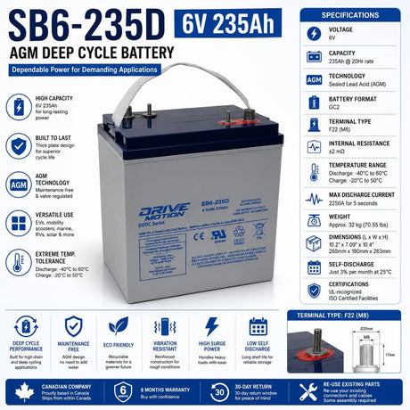 SB6-235D - 6V 235Ah, EV/DC Series, (Group GC2) Deep Cycle Battery Sealed Lead Acid (Special) DriveMotion