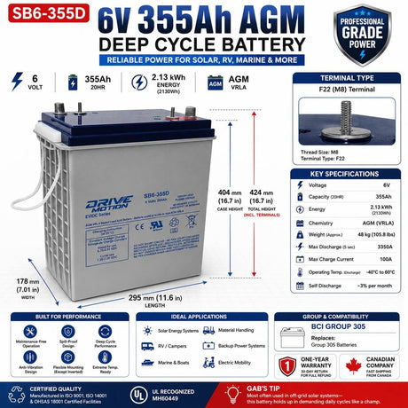 SB6-355D, 6V 355Ah, EV/DC Series, (Group 305) Deep Cycle Battery Sealed Lead Acid (Special) DriveMotion