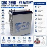 SB6-355D, 6V 355Ah, EV/DC Series, (Group 305) Deep Cycle Battery Sealed Lead Acid (Special) DriveMotion