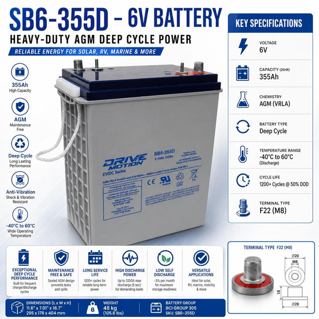 SB6-355D, 6V 355Ah, EV/DC Series, (Group 305) Deep Cycle Battery Sealed Lead Acid (Special) DriveMotion