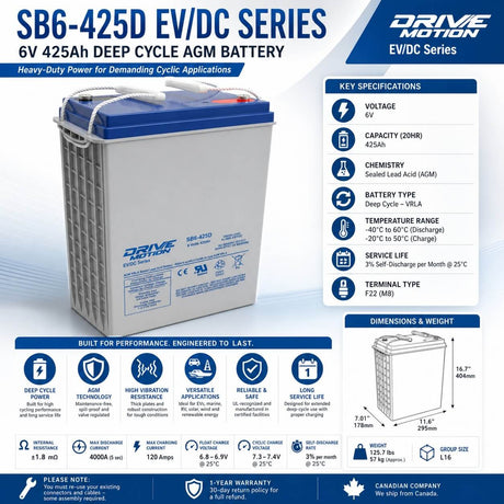 SB6-425D - 6V 425Ah, EV/DC Series, (Group L16) Deep Cycle Battery Sealed Lead Acid (Special) DriveMotion