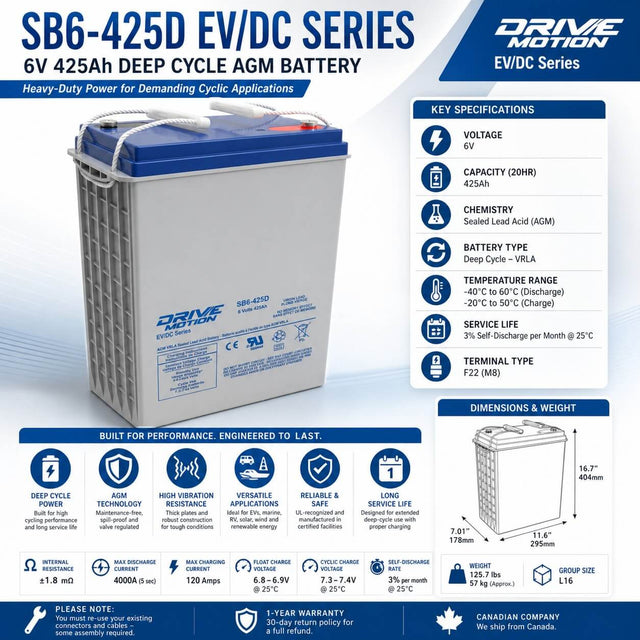 SB6-425D - 6V 425Ah, EV/DC Series, (Group L16) Deep Cycle Battery Sealed Lead Acid (Special) DriveMotion