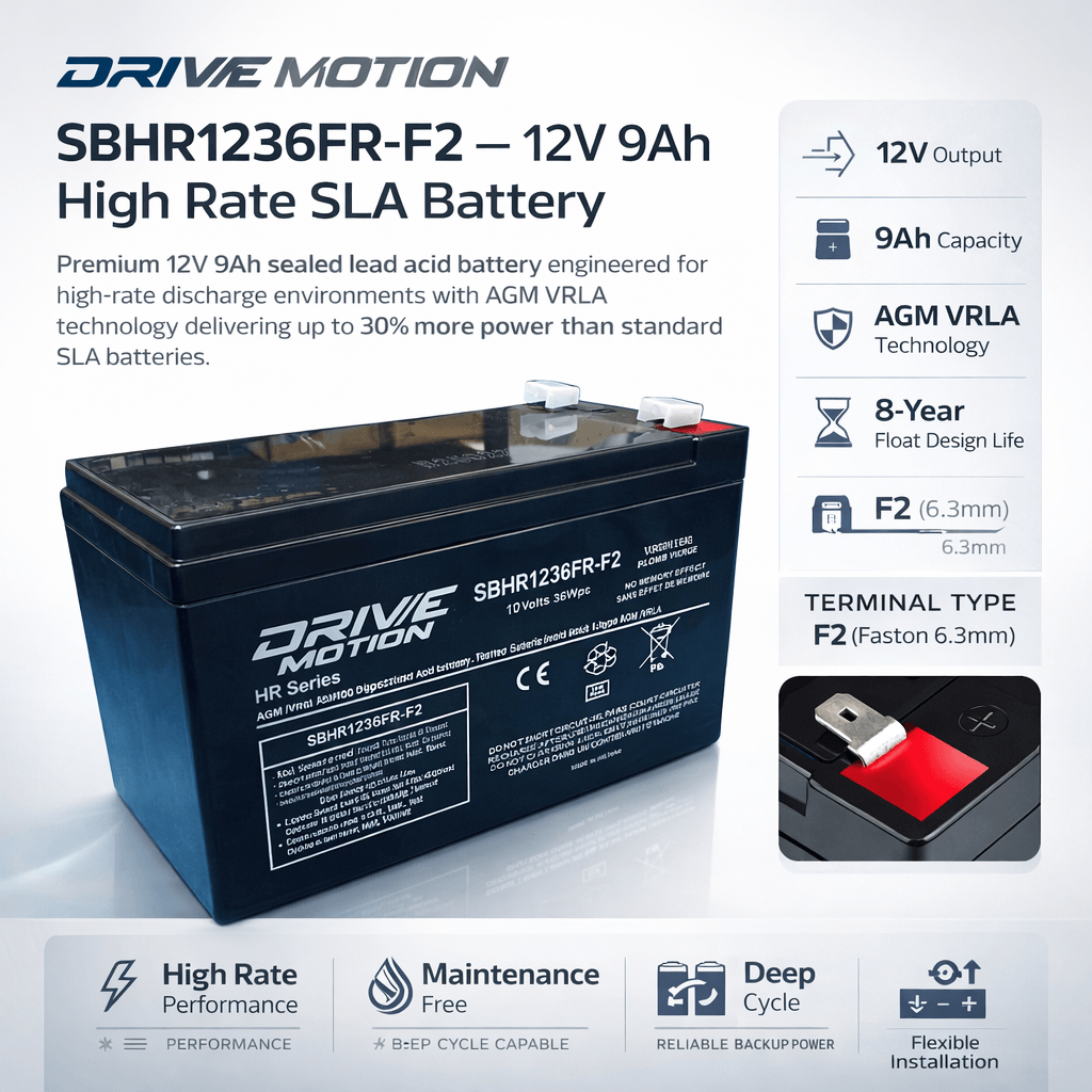 SBHR1236FR-F2 12V 9Ah SLA Battery – High Rate UPS & Data Center Backup Power Sealed Lead Acid DriveMotion