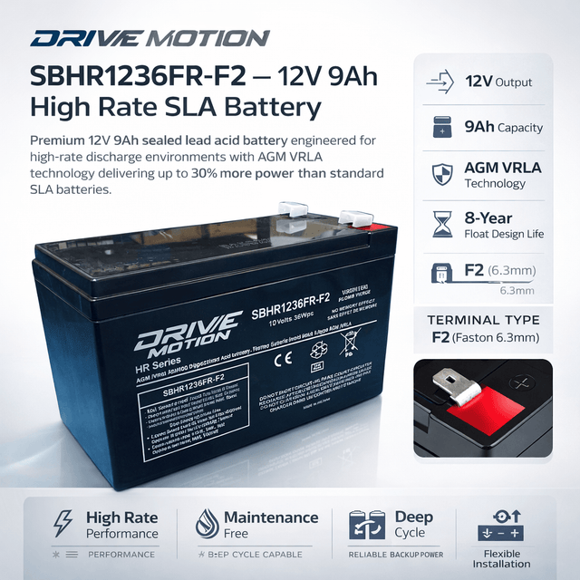 SBHR1236FR-F2 12V 9Ah SLA Battery – High Rate UPS & Data Center Backup Power Sealed Lead Acid DriveMotion