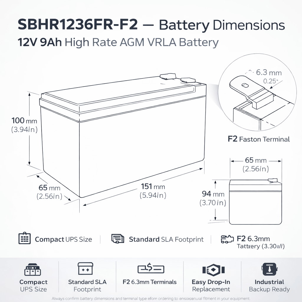 SBHR1236FR-F2 12V 9Ah SLA Battery – High Rate UPS & Data Center Backup Power Sealed Lead Acid DriveMotion