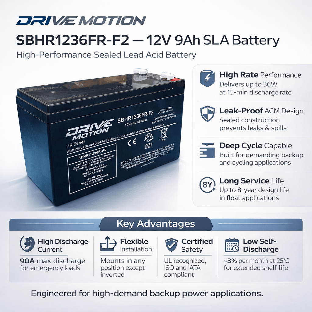 SBHR1236FR-F2 12V 9Ah SLA Battery – High Rate UPS & Data Center Backup Power Sealed Lead Acid DriveMotion