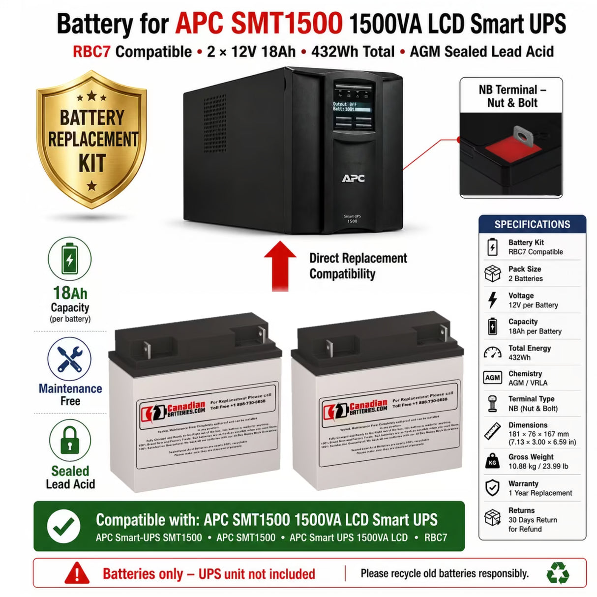 Battery for APC SMT1500 1500VA LCD Smart UPS – RBC7 Replacement 2 x 12V 18Ah AGM Kit UPS Batteries CB Range