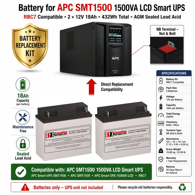 Battery for APC SMT1500 1500VA LCD Smart UPS – RBC7 Replacement 2 x 12V 18Ah AGM Kit UPS Batteries CB Range