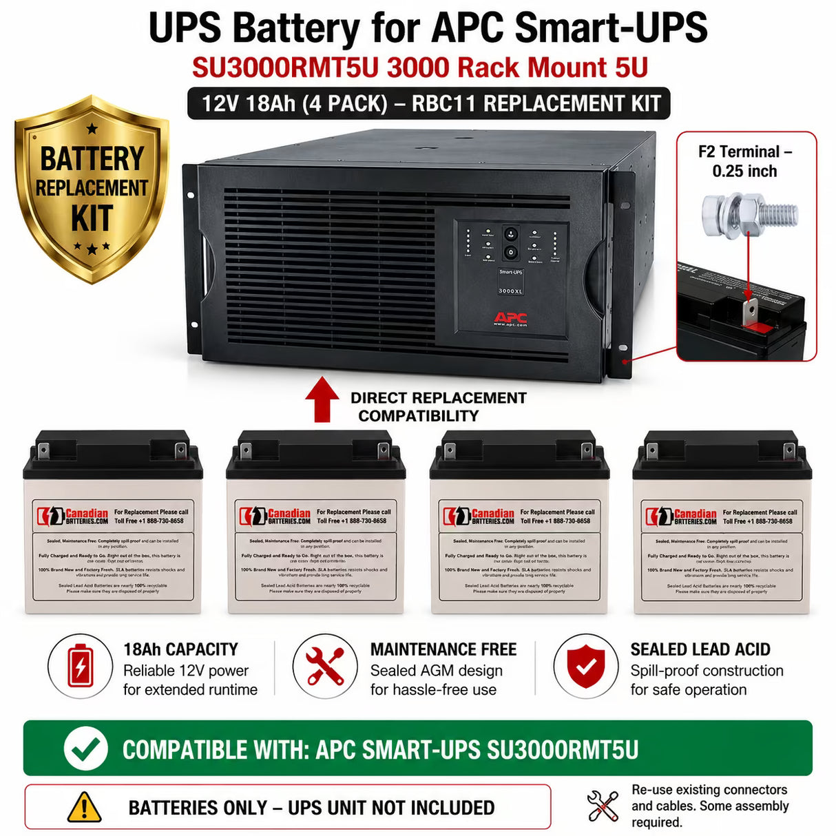 APC SU3000RMT5U UPS Battery Replacement RBC11 4 x 12V 18Ah UPS Batteries CB Range