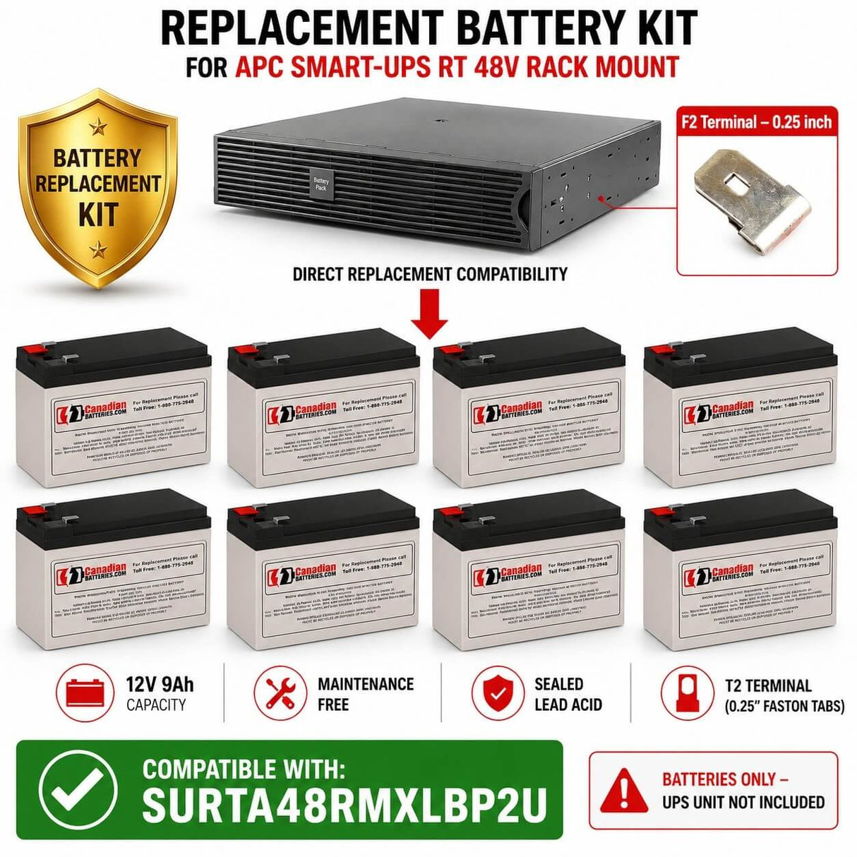 APC Smart-UPS RT 48V Rack Mount BP SURTA48RMXLBP2U battery UPS, 8 X 12v, 9ah UPS Batteries CB Range