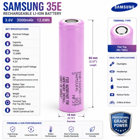 Samsung 3500 mAh (35E), 18650 3.6v li-on Battery 18650 BB Generic