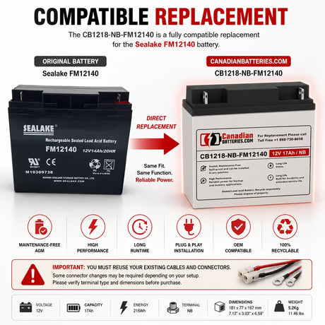 Sealake FM12140 Replacement Battery 12V 18Ah NB AGM Battery Sealed Lead Acid CB Generic