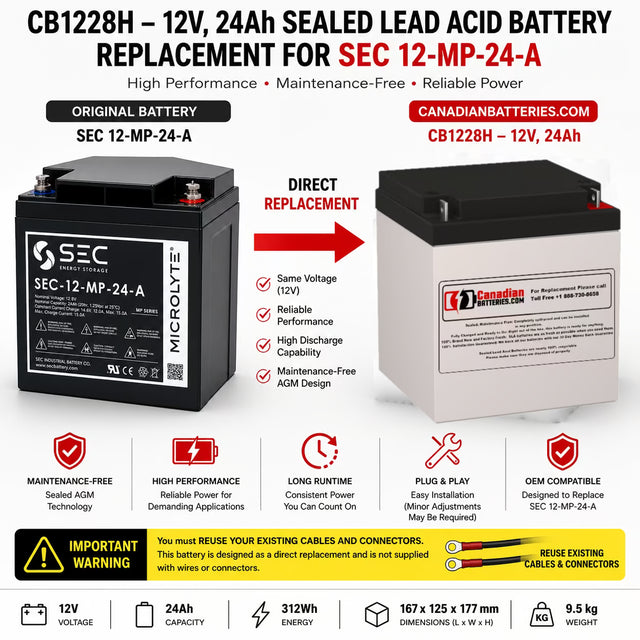 SEC 12-MP-24-A Replacement Battery 12V 24Ah AGM - Nut & Bolt terminals Sealed Lead Acid CB Generic