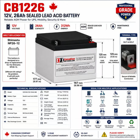 Shimastu NP26-12 Replacement Battery 12V 26Ah AGM 312Wh Sealed Lead Acid CB Generic